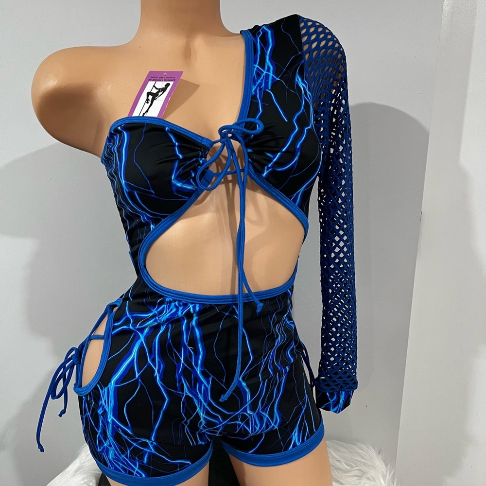 One-Shoulder Blue and Black Cutout Romper